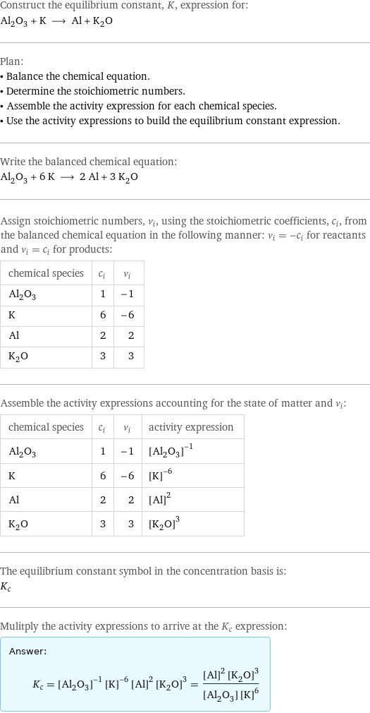 Construct the equilibrium constant, K, expression for: Al_2O_3 + K ⟶ Al + K_2O Plan: • Balance the chemical equation. • Determine the stoichiometric numbers. • Assemble the activity expression for each chemical species. • Use the activity expressions to build the equilibrium constant expression. Write the balanced chemical equation: Al_2O_3 + 6 K ⟶ 2 Al + 3 K_2O Assign stoichiometric numbers, ν_i, using the stoichiometric coefficients, c_i, from the balanced chemical equation in the following manner: ν_i = -c_i for reactants and ν_i = c_i for products: chemical species | c_i | ν_i Al_2O_3 | 1 | -1 K | 6 | -6 Al | 2 | 2 K_2O | 3 | 3 Assemble the activity expressions accounting for the state of matter and ν_i: chemical species | c_i | ν_i | activity expression Al_2O_3 | 1 | -1 | ([Al2O3])^(-1) K | 6 | -6 | ([K])^(-6) Al | 2 | 2 | ([Al])^2 K_2O | 3 | 3 | ([K2O])^3 The equilibrium constant symbol in the concentration basis is: K_c Mulitply the activity expressions to arrive at the K_c expression: Answer: |   | K_c = ([Al2O3])^(-1) ([K])^(-6) ([Al])^2 ([K2O])^3 = (([Al])^2 ([K2O])^3)/([Al2O3] ([K])^6)