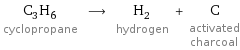 C_3H_6 cyclopropane ⟶ H_2 hydrogen + C activated charcoal