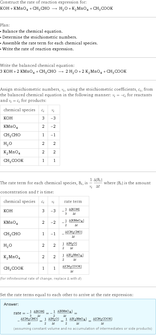 Construct the rate of reaction expression for: KOH + KMnO_4 + CH_3CHO ⟶ H_2O + K_2MnO_4 + CH_3COOK Plan: • Balance the chemical equation. • Determine the stoichiometric numbers. • Assemble the rate term for each chemical species. • Write the rate of reaction expression. Write the balanced chemical equation: 3 KOH + 2 KMnO_4 + CH_3CHO ⟶ 2 H_2O + 2 K_2MnO_4 + CH_3COOK Assign stoichiometric numbers, ν_i, using the stoichiometric coefficients, c_i, from the balanced chemical equation in the following manner: ν_i = -c_i for reactants and ν_i = c_i for products: chemical species | c_i | ν_i KOH | 3 | -3 KMnO_4 | 2 | -2 CH_3CHO | 1 | -1 H_2O | 2 | 2 K_2MnO_4 | 2 | 2 CH_3COOK | 1 | 1 The rate term for each chemical species, B_i, is 1/ν_i(Δ[B_i])/(Δt) where [B_i] is the amount concentration and t is time: chemical species | c_i | ν_i | rate term KOH | 3 | -3 | -1/3 (Δ[KOH])/(Δt) KMnO_4 | 2 | -2 | -1/2 (Δ[KMnO4])/(Δt) CH_3CHO | 1 | -1 | -(Δ[CH3CHO])/(Δt) H_2O | 2 | 2 | 1/2 (Δ[H2O])/(Δt) K_2MnO_4 | 2 | 2 | 1/2 (Δ[K2MnO4])/(Δt) CH_3COOK | 1 | 1 | (Δ[CH3COOK])/(Δt) (for infinitesimal rate of change, replace Δ with d) Set the rate terms equal to each other to arrive at the rate expression: Answer: |   | rate = -1/3 (Δ[KOH])/(Δt) = -1/2 (Δ[KMnO4])/(Δt) = -(Δ[CH3CHO])/(Δt) = 1/2 (Δ[H2O])/(Δt) = 1/2 (Δ[K2MnO4])/(Δt) = (Δ[CH3COOK])/(Δt) (assuming constant volume and no accumulation of intermediates or side products)