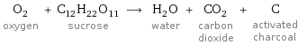 O_2 oxygen + C_12H_22O_11 sucrose ⟶ H_2O water + CO_2 carbon dioxide + C activated charcoal