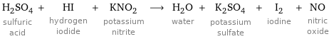 H_2SO_4 sulfuric acid + HI hydrogen iodide + KNO_2 potassium nitrite ⟶ H_2O water + K_2SO_4 potassium sulfate + I_2 iodine + NO nitric oxide