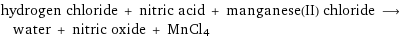 hydrogen chloride + nitric acid + manganese(II) chloride ⟶ water + nitric oxide + MnCl4