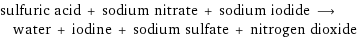 sulfuric acid + sodium nitrate + sodium iodide ⟶ water + iodine + sodium sulfate + nitrogen dioxide