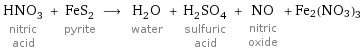 HNO_3 nitric acid + FeS_2 pyrite ⟶ H_2O water + H_2SO_4 sulfuric acid + NO nitric oxide + Fe2(NO3)3