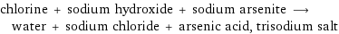 chlorine + sodium hydroxide + sodium arsenite ⟶ water + sodium chloride + arsenic acid, trisodium salt