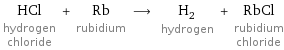 HCl hydrogen chloride + Rb rubidium ⟶ H_2 hydrogen + RbCl rubidium chloride