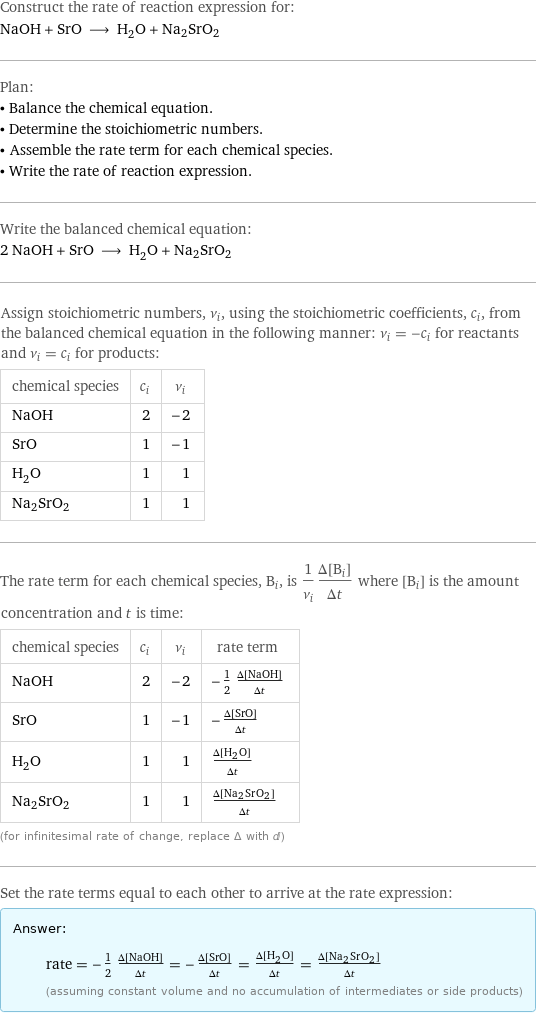 Construct the rate of reaction expression for: NaOH + SrO ⟶ H_2O + Na2SrO2 Plan: • Balance the chemical equation. • Determine the stoichiometric numbers. • Assemble the rate term for each chemical species. • Write the rate of reaction expression. Write the balanced chemical equation: 2 NaOH + SrO ⟶ H_2O + Na2SrO2 Assign stoichiometric numbers, ν_i, using the stoichiometric coefficients, c_i, from the balanced chemical equation in the following manner: ν_i = -c_i for reactants and ν_i = c_i for products: chemical species | c_i | ν_i NaOH | 2 | -2 SrO | 1 | -1 H_2O | 1 | 1 Na2SrO2 | 1 | 1 The rate term for each chemical species, B_i, is 1/ν_i(Δ[B_i])/(Δt) where [B_i] is the amount concentration and t is time: chemical species | c_i | ν_i | rate term NaOH | 2 | -2 | -1/2 (Δ[NaOH])/(Δt) SrO | 1 | -1 | -(Δ[SrO])/(Δt) H_2O | 1 | 1 | (Δ[H2O])/(Δt) Na2SrO2 | 1 | 1 | (Δ[Na2SrO2])/(Δt) (for infinitesimal rate of change, replace Δ with d) Set the rate terms equal to each other to arrive at the rate expression: Answer: |   | rate = -1/2 (Δ[NaOH])/(Δt) = -(Δ[SrO])/(Δt) = (Δ[H2O])/(Δt) = (Δ[Na2SrO2])/(Δt) (assuming constant volume and no accumulation of intermediates or side products)