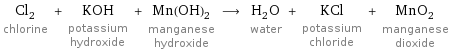 Cl_2 chlorine + KOH potassium hydroxide + Mn(OH)_2 manganese hydroxide ⟶ H_2O water + KCl potassium chloride + MnO_2 manganese dioxide