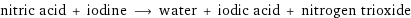 nitric acid + iodine ⟶ water + iodic acid + nitrogen trioxide