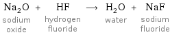 Na_2O sodium oxide + HF hydrogen fluoride ⟶ H_2O water + NaF sodium fluoride