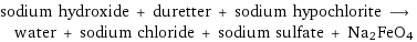 sodium hydroxide + duretter + sodium hypochlorite ⟶ water + sodium chloride + sodium sulfate + Na2FeO4