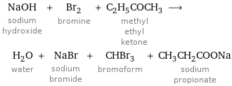 NaOH sodium hydroxide + Br_2 bromine + C_2H_5COCH_3 methyl ethyl ketone ⟶ H_2O water + NaBr sodium bromide + CHBr_3 bromoform + CH_3CH_2COONa sodium propionate