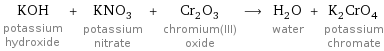 KOH potassium hydroxide + KNO_3 potassium nitrate + Cr_2O_3 chromium(III) oxide ⟶ H_2O water + K_2CrO_4 potassium chromate