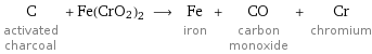 C activated charcoal + Fe(CrO2)2 ⟶ Fe iron + CO carbon monoxide + Cr chromium