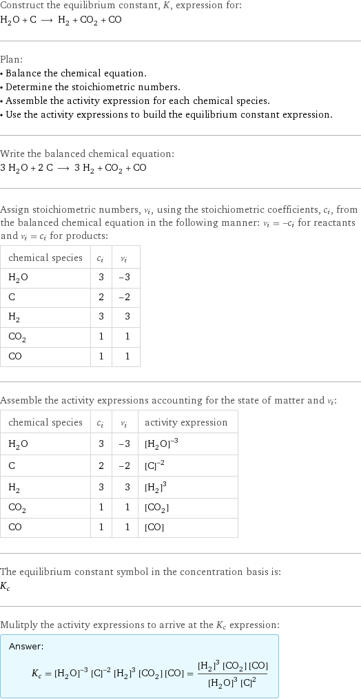 Construct the equilibrium constant, K, expression for: H_2O + C ⟶ H_2 + CO_2 + CO Plan: • Balance the chemical equation. • Determine the stoichiometric numbers. • Assemble the activity expression for each chemical species. • Use the activity expressions to build the equilibrium constant expression. Write the balanced chemical equation: 3 H_2O + 2 C ⟶ 3 H_2 + CO_2 + CO Assign stoichiometric numbers, ν_i, using the stoichiometric coefficients, c_i, from the balanced chemical equation in the following manner: ν_i = -c_i for reactants and ν_i = c_i for products: chemical species | c_i | ν_i H_2O | 3 | -3 C | 2 | -2 H_2 | 3 | 3 CO_2 | 1 | 1 CO | 1 | 1 Assemble the activity expressions accounting for the state of matter and ν_i: chemical species | c_i | ν_i | activity expression H_2O | 3 | -3 | ([H2O])^(-3) C | 2 | -2 | ([C])^(-2) H_2 | 3 | 3 | ([H2])^3 CO_2 | 1 | 1 | [CO2] CO | 1 | 1 | [CO] The equilibrium constant symbol in the concentration basis is: K_c Mulitply the activity expressions to arrive at the K_c expression: Answer: |   | K_c = ([H2O])^(-3) ([C])^(-2) ([H2])^3 [CO2] [CO] = (([H2])^3 [CO2] [CO])/(([H2O])^3 ([C])^2)