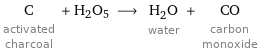 C activated charcoal + H2O5 ⟶ H_2O water + CO carbon monoxide