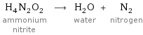 H_4N_2O_2 ammonium nitrite ⟶ H_2O water + N_2 nitrogen