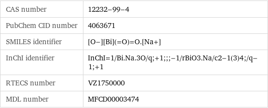 CAS number | 12232-99-4 PubChem CID number | 4063671 SMILES identifier | [O-][Bi](=O)=O.[Na+] InChI identifier | InChI=1/Bi.Na.3O/q;+1;;;-1/rBiO3.Na/c2-1(3)4;/q-1;+1 RTECS number | VZ1750000 MDL number | MFCD00003474