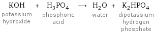 KOH potassium hydroxide + H_3PO_4 phosphoric acid ⟶ H_2O water + K_2HPO_4 dipotassium hydrogen phosphate