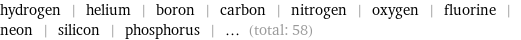 hydrogen | helium | boron | carbon | nitrogen | oxygen | fluorine | neon | silicon | phosphorus | ... (total: 58)