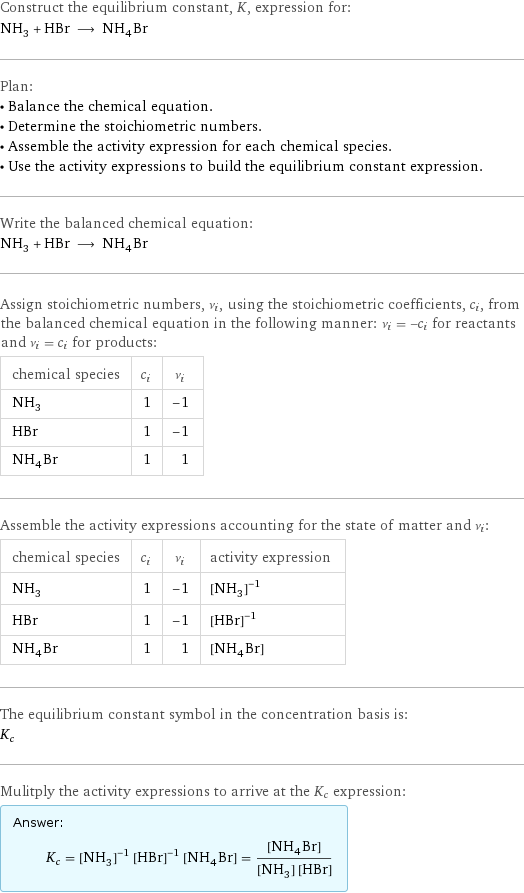 Construct the equilibrium constant, K, expression for: NH_3 + HBr ⟶ NH_4Br Plan: • Balance the chemical equation. • Determine the stoichiometric numbers. • Assemble the activity expression for each chemical species. • Use the activity expressions to build the equilibrium constant expression. Write the balanced chemical equation: NH_3 + HBr ⟶ NH_4Br Assign stoichiometric numbers, ν_i, using the stoichiometric coefficients, c_i, from the balanced chemical equation in the following manner: ν_i = -c_i for reactants and ν_i = c_i for products: chemical species | c_i | ν_i NH_3 | 1 | -1 HBr | 1 | -1 NH_4Br | 1 | 1 Assemble the activity expressions accounting for the state of matter and ν_i: chemical species | c_i | ν_i | activity expression NH_3 | 1 | -1 | ([NH3])^(-1) HBr | 1 | -1 | ([HBr])^(-1) NH_4Br | 1 | 1 | [NH4Br] The equilibrium constant symbol in the concentration basis is: K_c Mulitply the activity expressions to arrive at the K_c expression: Answer: |   | K_c = ([NH3])^(-1) ([HBr])^(-1) [NH4Br] = ([NH4Br])/([NH3] [HBr])