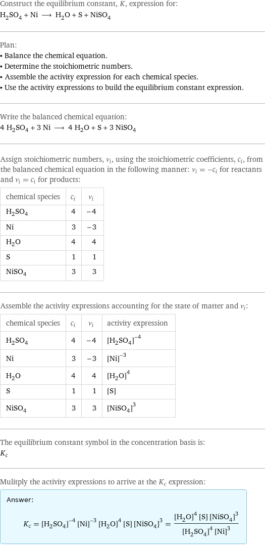 Construct the equilibrium constant, K, expression for: H_2SO_4 + Ni ⟶ H_2O + S + NiSO_4 Plan: • Balance the chemical equation. • Determine the stoichiometric numbers. • Assemble the activity expression for each chemical species. • Use the activity expressions to build the equilibrium constant expression. Write the balanced chemical equation: 4 H_2SO_4 + 3 Ni ⟶ 4 H_2O + S + 3 NiSO_4 Assign stoichiometric numbers, ν_i, using the stoichiometric coefficients, c_i, from the balanced chemical equation in the following manner: ν_i = -c_i for reactants and ν_i = c_i for products: chemical species | c_i | ν_i H_2SO_4 | 4 | -4 Ni | 3 | -3 H_2O | 4 | 4 S | 1 | 1 NiSO_4 | 3 | 3 Assemble the activity expressions accounting for the state of matter and ν_i: chemical species | c_i | ν_i | activity expression H_2SO_4 | 4 | -4 | ([H2SO4])^(-4) Ni | 3 | -3 | ([Ni])^(-3) H_2O | 4 | 4 | ([H2O])^4 S | 1 | 1 | [S] NiSO_4 | 3 | 3 | ([NiSO4])^3 The equilibrium constant symbol in the concentration basis is: K_c Mulitply the activity expressions to arrive at the K_c expression: Answer: |   | K_c = ([H2SO4])^(-4) ([Ni])^(-3) ([H2O])^4 [S] ([NiSO4])^3 = (([H2O])^4 [S] ([NiSO4])^3)/(([H2SO4])^4 ([Ni])^3)