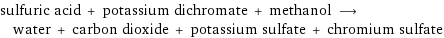 sulfuric acid + potassium dichromate + methanol ⟶ water + carbon dioxide + potassium sulfate + chromium sulfate