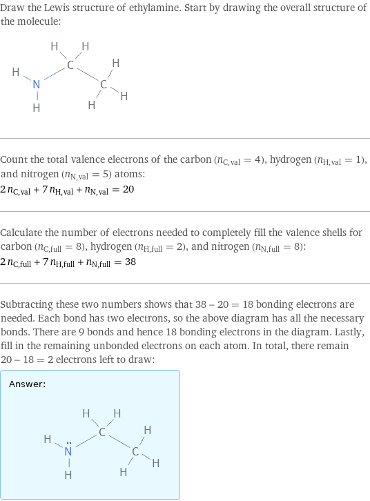 Draw the Lewis structure of ethylamine. Start by drawing the overall structure of the molecule:  Count the total valence electrons of the carbon (n_C, val = 4), hydrogen (n_H, val = 1), and nitrogen (n_N, val = 5) atoms: 2 n_C, val + 7 n_H, val + n_N, val = 20 Calculate the number of electrons needed to completely fill the valence shells for carbon (n_C, full = 8), hydrogen (n_H, full = 2), and nitrogen (n_N, full = 8): 2 n_C, full + 7 n_H, full + n_N, full = 38 Subtracting these two numbers shows that 38 - 20 = 18 bonding electrons are needed. Each bond has two electrons, so the above diagram has all the necessary bonds. There are 9 bonds and hence 18 bonding electrons in the diagram. Lastly, fill in the remaining unbonded electrons on each atom. In total, there remain 20 - 18 = 2 electrons left to draw: Answer: |   | 