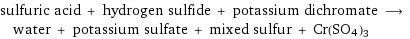 sulfuric acid + hydrogen sulfide + potassium dichromate ⟶ water + potassium sulfate + mixed sulfur + Cr(SO4)3