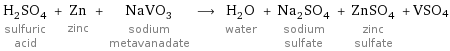 H_2SO_4 sulfuric acid + Zn zinc + NaVO_3 sodium metavanadate ⟶ H_2O water + Na_2SO_4 sodium sulfate + ZnSO_4 zinc sulfate + VSO4