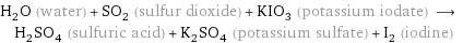 H_2O (water) + SO_2 (sulfur dioxide) + KIO_3 (potassium iodate) ⟶ H_2SO_4 (sulfuric acid) + K_2SO_4 (potassium sulfate) + I_2 (iodine)