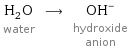H_2O water ⟶ (OH)^- hydroxide anion