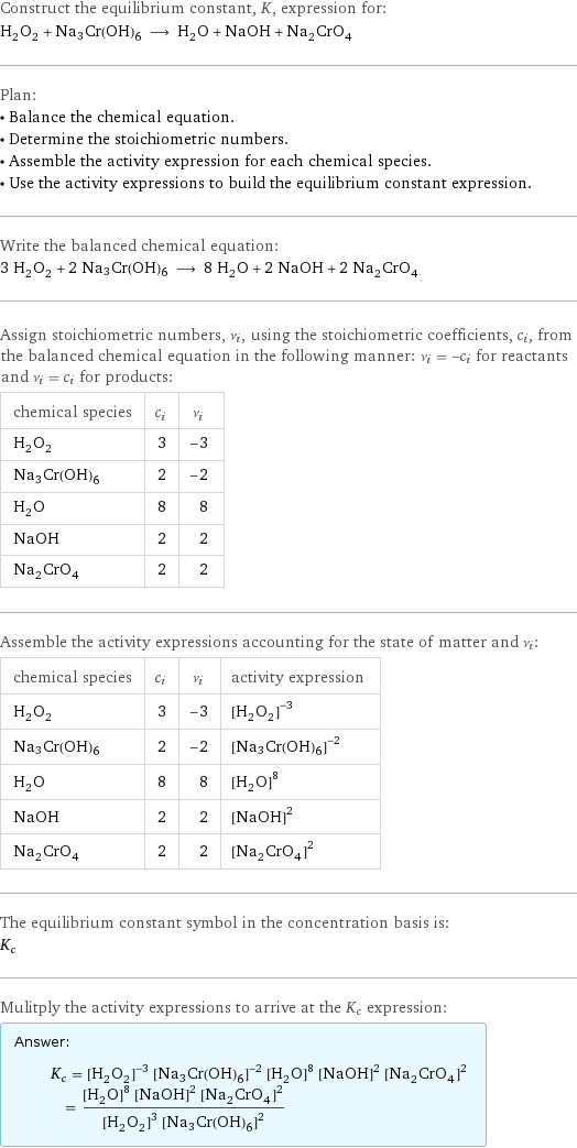 Construct the equilibrium constant, K, expression for: H_2O_2 + Na3Cr(OH)6 ⟶ H_2O + NaOH + Na_2CrO_4 Plan: • Balance the chemical equation. • Determine the stoichiometric numbers. • Assemble the activity expression for each chemical species. • Use the activity expressions to build the equilibrium constant expression. Write the balanced chemical equation: 3 H_2O_2 + 2 Na3Cr(OH)6 ⟶ 8 H_2O + 2 NaOH + 2 Na_2CrO_4 Assign stoichiometric numbers, ν_i, using the stoichiometric coefficients, c_i, from the balanced chemical equation in the following manner: ν_i = -c_i for reactants and ν_i = c_i for products: chemical species | c_i | ν_i H_2O_2 | 3 | -3 Na3Cr(OH)6 | 2 | -2 H_2O | 8 | 8 NaOH | 2 | 2 Na_2CrO_4 | 2 | 2 Assemble the activity expressions accounting for the state of matter and ν_i: chemical species | c_i | ν_i | activity expression H_2O_2 | 3 | -3 | ([H2O2])^(-3) Na3Cr(OH)6 | 2 | -2 | ([Na3Cr(OH)6])^(-2) H_2O | 8 | 8 | ([H2O])^8 NaOH | 2 | 2 | ([NaOH])^2 Na_2CrO_4 | 2 | 2 | ([Na2CrO4])^2 The equilibrium constant symbol in the concentration basis is: K_c Mulitply the activity expressions to arrive at the K_c expression: Answer: |   | K_c = ([H2O2])^(-3) ([Na3Cr(OH)6])^(-2) ([H2O])^8 ([NaOH])^2 ([Na2CrO4])^2 = (([H2O])^8 ([NaOH])^2 ([Na2CrO4])^2)/(([H2O2])^3 ([Na3Cr(OH)6])^2)