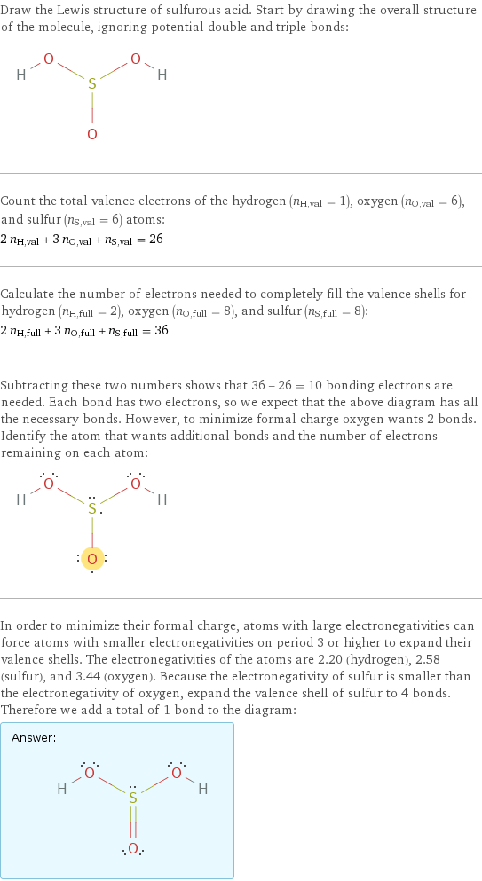 Draw the Lewis structure of sulfurous acid. Start by drawing the overall structure of the molecule, ignoring potential double and triple bonds:  Count the total valence electrons of the hydrogen (n_H, val = 1), oxygen (n_O, val = 6), and sulfur (n_S, val = 6) atoms: 2 n_H, val + 3 n_O, val + n_S, val = 26 Calculate the number of electrons needed to completely fill the valence shells for hydrogen (n_H, full = 2), oxygen (n_O, full = 8), and sulfur (n_S, full = 8): 2 n_H, full + 3 n_O, full + n_S, full = 36 Subtracting these two numbers shows that 36 - 26 = 10 bonding electrons are needed. Each bond has two electrons, so we expect that the above diagram has all the necessary bonds. However, to minimize formal charge oxygen wants 2 bonds. Identify the atom that wants additional bonds and the number of electrons remaining on each atom:  In order to minimize their formal charge, atoms with large electronegativities can force atoms with smaller electronegativities on period 3 or higher to expand their valence shells. The electronegativities of the atoms are 2.20 (hydrogen), 2.58 (sulfur), and 3.44 (oxygen). Because the electronegativity of sulfur is smaller than the electronegativity of oxygen, expand the valence shell of sulfur to 4 bonds. Therefore we add a total of 1 bond to the diagram: Answer: |   | 