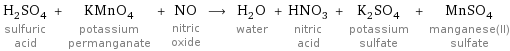 H_2SO_4 sulfuric acid + KMnO_4 potassium permanganate + NO nitric oxide ⟶ H_2O water + HNO_3 nitric acid + K_2SO_4 potassium sulfate + MnSO_4 manganese(II) sulfate
