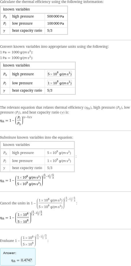 Calculate the thermal efficiency using the following information: known variables | |  P_h | high pressure | 500000 Pa P_l | low pressure | 100000 Pa γ | heat capacity ratio | 5/3 Convert known variables into appropriate units using the following: 1 Pa = 1000 g/(m s^2): 1 Pa = 1000 g/(m s^2): known variables | |  P_h | high pressure | 5×10^8 g/(m s^2) P_l | low pressure | 1×10^8 g/(m s^2) γ | heat capacity ratio | 5/3 The relevant equation that relates thermal efficiency (η_th), high pressure (P_h), low pressure (P_l), and heat capacity ratio (γ) is: η_th = 1 - (P_l/P_h)^((γ - 1)/γ) Substitute known variables into the equation: known variables | |  P_h | high pressure | 5×10^8 g/(m s^2) P_l | low pressure | 1×10^8 g/(m s^2) γ | heat capacity ratio | 5/3 | : η_th = 1 - ((1×10^8 g/(m s^2))/(5×10^8 g/(m s^2)))^((5/3 - 1)/5/3) Cancel the units in 1 - ((1×10^8 g/(m s^2))/(5×10^8 g/(m s^2)))^((5/3 - 1)/5/3): η_th = 1 - ((1×10^8)/(5×10^8))^((5/3 - 1)/5/3) Evaluate 1 - ((1×10^8)/(5×10^8))^((5/3 - 1)/5/3): Answer: |   | η_th = 0.4747