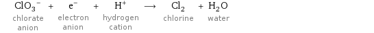(ClO_3)^- chlorate anion + e^- electron anion + H^+ hydrogen cation ⟶ Cl_2 chlorine + H_2O water
