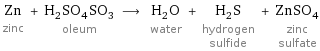 Zn zinc + H_2SO_4SO_3 oleum ⟶ H_2O water + H_2S hydrogen sulfide + ZnSO_4 zinc sulfate