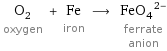 O_2 oxygen + Fe iron ⟶ (FeO_4)^(2-) ferrate anion