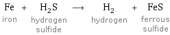 Fe iron + H_2S hydrogen sulfide ⟶ H_2 hydrogen + FeS ferrous sulfide
