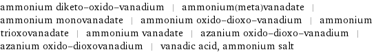 ammonium diketo-oxido-vanadium | ammonium(meta)vanadate | ammonium monovanadate | ammonium oxido-dioxo-vanadium | ammonium trioxovanadate | ammonium vanadate | azanium oxido-dioxo-vanadium | azanium oxido-dioxovanadium | vanadic acid, ammonium salt