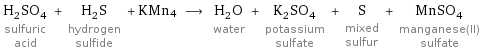 H_2SO_4 sulfuric acid + H_2S hydrogen sulfide + KMn4 ⟶ H_2O water + K_2SO_4 potassium sulfate + S mixed sulfur + MnSO_4 manganese(II) sulfate