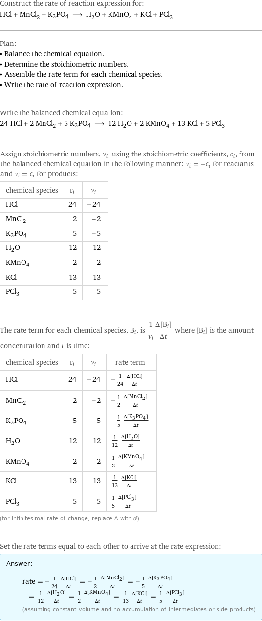 Construct the rate of reaction expression for: HCl + MnCl_2 + K3PO4 ⟶ H_2O + KMnO_4 + KCl + PCl_3 Plan: • Balance the chemical equation. • Determine the stoichiometric numbers. • Assemble the rate term for each chemical species. • Write the rate of reaction expression. Write the balanced chemical equation: 24 HCl + 2 MnCl_2 + 5 K3PO4 ⟶ 12 H_2O + 2 KMnO_4 + 13 KCl + 5 PCl_3 Assign stoichiometric numbers, ν_i, using the stoichiometric coefficients, c_i, from the balanced chemical equation in the following manner: ν_i = -c_i for reactants and ν_i = c_i for products: chemical species | c_i | ν_i HCl | 24 | -24 MnCl_2 | 2 | -2 K3PO4 | 5 | -5 H_2O | 12 | 12 KMnO_4 | 2 | 2 KCl | 13 | 13 PCl_3 | 5 | 5 The rate term for each chemical species, B_i, is 1/ν_i(Δ[B_i])/(Δt) where [B_i] is the amount concentration and t is time: chemical species | c_i | ν_i | rate term HCl | 24 | -24 | -1/24 (Δ[HCl])/(Δt) MnCl_2 | 2 | -2 | -1/2 (Δ[MnCl2])/(Δt) K3PO4 | 5 | -5 | -1/5 (Δ[K3PO4])/(Δt) H_2O | 12 | 12 | 1/12 (Δ[H2O])/(Δt) KMnO_4 | 2 | 2 | 1/2 (Δ[KMnO4])/(Δt) KCl | 13 | 13 | 1/13 (Δ[KCl])/(Δt) PCl_3 | 5 | 5 | 1/5 (Δ[PCl3])/(Δt) (for infinitesimal rate of change, replace Δ with d) Set the rate terms equal to each other to arrive at the rate expression: Answer: |   | rate = -1/24 (Δ[HCl])/(Δt) = -1/2 (Δ[MnCl2])/(Δt) = -1/5 (Δ[K3PO4])/(Δt) = 1/12 (Δ[H2O])/(Δt) = 1/2 (Δ[KMnO4])/(Δt) = 1/13 (Δ[KCl])/(Δt) = 1/5 (Δ[PCl3])/(Δt) (assuming constant volume and no accumulation of intermediates or side products)