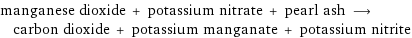 manganese dioxide + potassium nitrate + pearl ash ⟶ carbon dioxide + potassium manganate + potassium nitrite