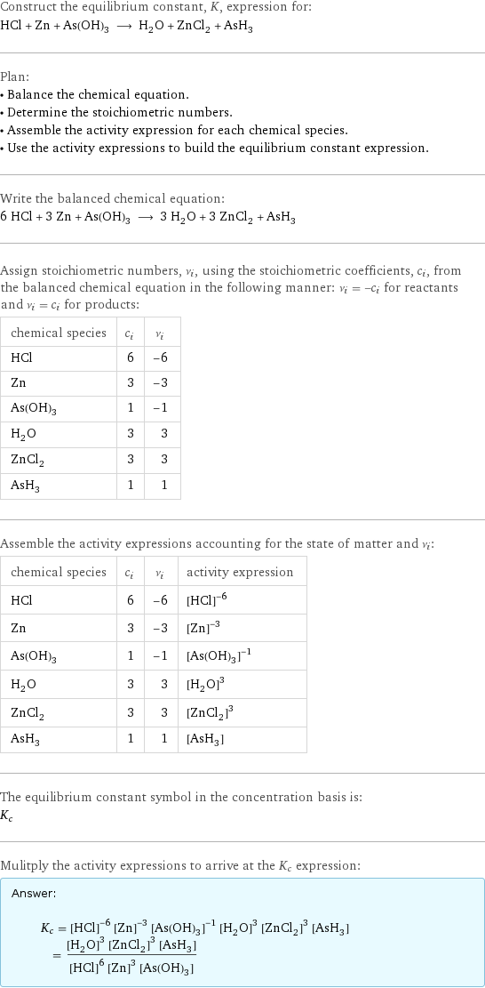 Construct the equilibrium constant, K, expression for: HCl + Zn + As(OH)_3 ⟶ H_2O + ZnCl_2 + AsH_3 Plan: • Balance the chemical equation. • Determine the stoichiometric numbers. • Assemble the activity expression for each chemical species. • Use the activity expressions to build the equilibrium constant expression. Write the balanced chemical equation: 6 HCl + 3 Zn + As(OH)_3 ⟶ 3 H_2O + 3 ZnCl_2 + AsH_3 Assign stoichiometric numbers, ν_i, using the stoichiometric coefficients, c_i, from the balanced chemical equation in the following manner: ν_i = -c_i for reactants and ν_i = c_i for products: chemical species | c_i | ν_i HCl | 6 | -6 Zn | 3 | -3 As(OH)_3 | 1 | -1 H_2O | 3 | 3 ZnCl_2 | 3 | 3 AsH_3 | 1 | 1 Assemble the activity expressions accounting for the state of matter and ν_i: chemical species | c_i | ν_i | activity expression HCl | 6 | -6 | ([HCl])^(-6) Zn | 3 | -3 | ([Zn])^(-3) As(OH)_3 | 1 | -1 | ([As(OH)3])^(-1) H_2O | 3 | 3 | ([H2O])^3 ZnCl_2 | 3 | 3 | ([ZnCl2])^3 AsH_3 | 1 | 1 | [AsH3] The equilibrium constant symbol in the concentration basis is: K_c Mulitply the activity expressions to arrive at the K_c expression: Answer: |   | K_c = ([HCl])^(-6) ([Zn])^(-3) ([As(OH)3])^(-1) ([H2O])^3 ([ZnCl2])^3 [AsH3] = (([H2O])^3 ([ZnCl2])^3 [AsH3])/(([HCl])^6 ([Zn])^3 [As(OH)3])