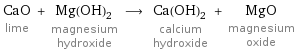 CaO lime + Mg(OH)_2 magnesium hydroxide ⟶ Ca(OH)_2 calcium hydroxide + MgO magnesium oxide