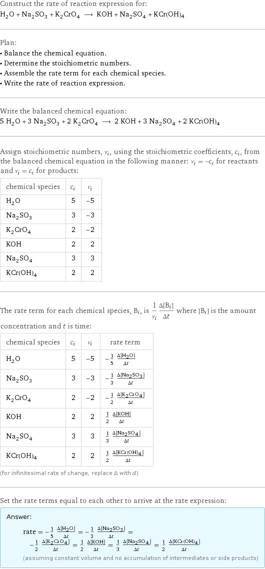 Construct the rate of reaction expression for: H_2O + Na_2SO_3 + K_2CrO_4 ⟶ KOH + Na_2SO_4 + KCr(OH)4 Plan: • Balance the chemical equation. • Determine the stoichiometric numbers. • Assemble the rate term for each chemical species. • Write the rate of reaction expression. Write the balanced chemical equation: 5 H_2O + 3 Na_2SO_3 + 2 K_2CrO_4 ⟶ 2 KOH + 3 Na_2SO_4 + 2 KCr(OH)4 Assign stoichiometric numbers, ν_i, using the stoichiometric coefficients, c_i, from the balanced chemical equation in the following manner: ν_i = -c_i for reactants and ν_i = c_i for products: chemical species | c_i | ν_i H_2O | 5 | -5 Na_2SO_3 | 3 | -3 K_2CrO_4 | 2 | -2 KOH | 2 | 2 Na_2SO_4 | 3 | 3 KCr(OH)4 | 2 | 2 The rate term for each chemical species, B_i, is 1/ν_i(Δ[B_i])/(Δt) where [B_i] is the amount concentration and t is time: chemical species | c_i | ν_i | rate term H_2O | 5 | -5 | -1/5 (Δ[H2O])/(Δt) Na_2SO_3 | 3 | -3 | -1/3 (Δ[Na2SO3])/(Δt) K_2CrO_4 | 2 | -2 | -1/2 (Δ[K2CrO4])/(Δt) KOH | 2 | 2 | 1/2 (Δ[KOH])/(Δt) Na_2SO_4 | 3 | 3 | 1/3 (Δ[Na2SO4])/(Δt) KCr(OH)4 | 2 | 2 | 1/2 (Δ[KCr(OH)4])/(Δt) (for infinitesimal rate of change, replace Δ with d) Set the rate terms equal to each other to arrive at the rate expression: Answer: |   | rate = -1/5 (Δ[H2O])/(Δt) = -1/3 (Δ[Na2SO3])/(Δt) = -1/2 (Δ[K2CrO4])/(Δt) = 1/2 (Δ[KOH])/(Δt) = 1/3 (Δ[Na2SO4])/(Δt) = 1/2 (Δ[KCr(OH)4])/(Δt) (assuming constant volume and no accumulation of intermediates or side products)