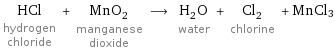 HCl hydrogen chloride + MnO_2 manganese dioxide ⟶ H_2O water + Cl_2 chlorine + MnCl3