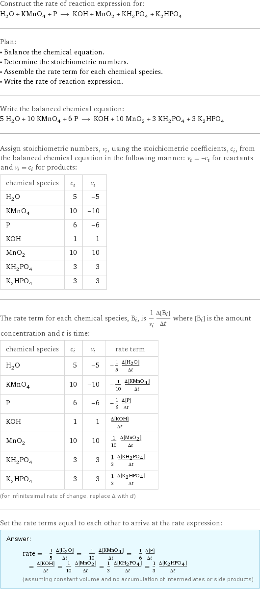 Construct the rate of reaction expression for: H_2O + KMnO_4 + P ⟶ KOH + MnO_2 + KH_2PO_4 + K_2HPO_4 Plan: • Balance the chemical equation. • Determine the stoichiometric numbers. • Assemble the rate term for each chemical species. • Write the rate of reaction expression. Write the balanced chemical equation: 5 H_2O + 10 KMnO_4 + 6 P ⟶ KOH + 10 MnO_2 + 3 KH_2PO_4 + 3 K_2HPO_4 Assign stoichiometric numbers, ν_i, using the stoichiometric coefficients, c_i, from the balanced chemical equation in the following manner: ν_i = -c_i for reactants and ν_i = c_i for products: chemical species | c_i | ν_i H_2O | 5 | -5 KMnO_4 | 10 | -10 P | 6 | -6 KOH | 1 | 1 MnO_2 | 10 | 10 KH_2PO_4 | 3 | 3 K_2HPO_4 | 3 | 3 The rate term for each chemical species, B_i, is 1/ν_i(Δ[B_i])/(Δt) where [B_i] is the amount concentration and t is time: chemical species | c_i | ν_i | rate term H_2O | 5 | -5 | -1/5 (Δ[H2O])/(Δt) KMnO_4 | 10 | -10 | -1/10 (Δ[KMnO4])/(Δt) P | 6 | -6 | -1/6 (Δ[P])/(Δt) KOH | 1 | 1 | (Δ[KOH])/(Δt) MnO_2 | 10 | 10 | 1/10 (Δ[MnO2])/(Δt) KH_2PO_4 | 3 | 3 | 1/3 (Δ[KH2PO4])/(Δt) K_2HPO_4 | 3 | 3 | 1/3 (Δ[K2HPO4])/(Δt) (for infinitesimal rate of change, replace Δ with d) Set the rate terms equal to each other to arrive at the rate expression: Answer: |   | rate = -1/5 (Δ[H2O])/(Δt) = -1/10 (Δ[KMnO4])/(Δt) = -1/6 (Δ[P])/(Δt) = (Δ[KOH])/(Δt) = 1/10 (Δ[MnO2])/(Δt) = 1/3 (Δ[KH2PO4])/(Δt) = 1/3 (Δ[K2HPO4])/(Δt) (assuming constant volume and no accumulation of intermediates or side products)