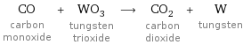 CO carbon monoxide + WO_3 tungsten trioxide ⟶ CO_2 carbon dioxide + W tungsten